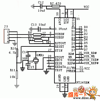 FT245BM与FPGA的接口电路图