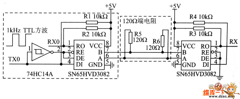 自动收发转换的RS-485接口电路及其测试电路图