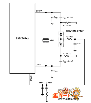 采用晶体振荡器的LMK04000参考设计电路图