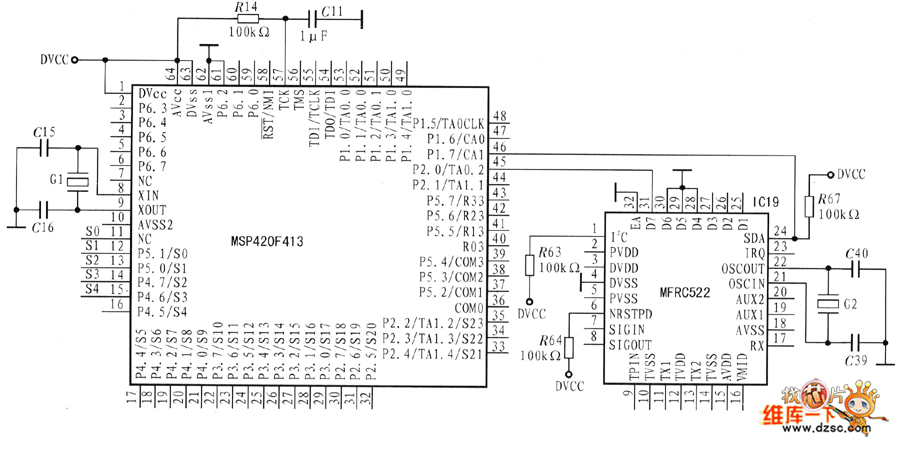 MSP430F413与MFRC522的接口电路图