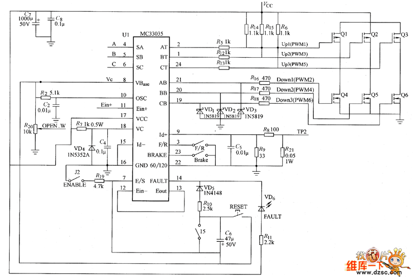 三相永磁无刷直流电机MC33035控制系统电路图
