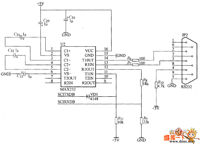 TMS320F2812的串行通信接口电路图