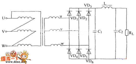 一种三相桥式整流行π型滤波电路图