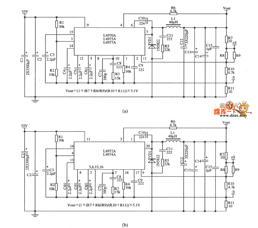 多种开关集成稳压器L4970A／L4975A／L4977A(L4972A／L4974A)电路图