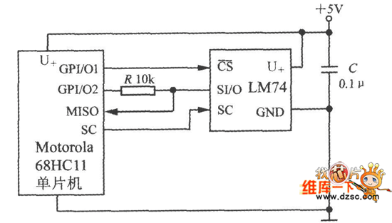 智能温度传感器LM74构成68HC11型单片机电路图