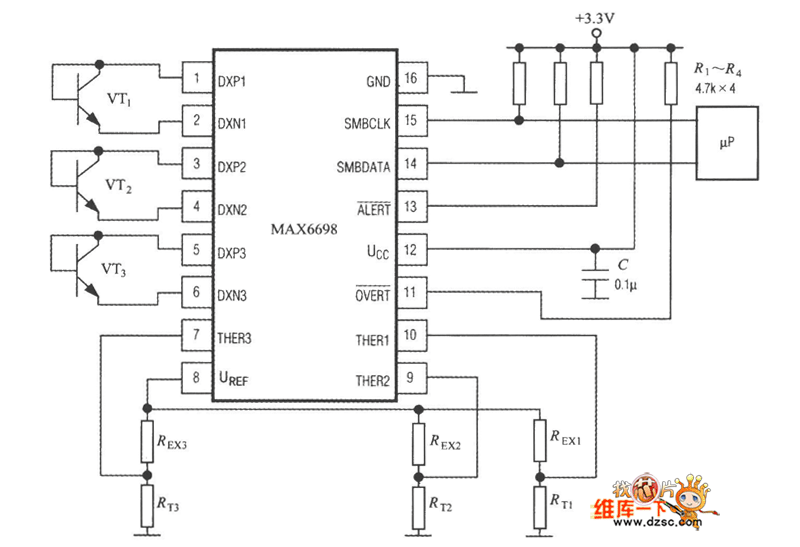 具有7通道智能温度传感器MAX6698的电路图