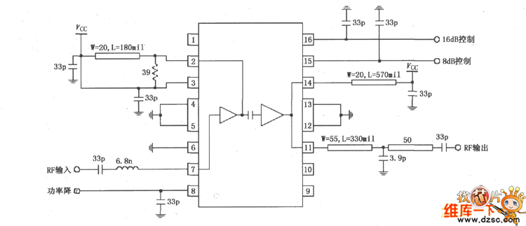 RF2155构成的915MHz功率放大器应用电路图