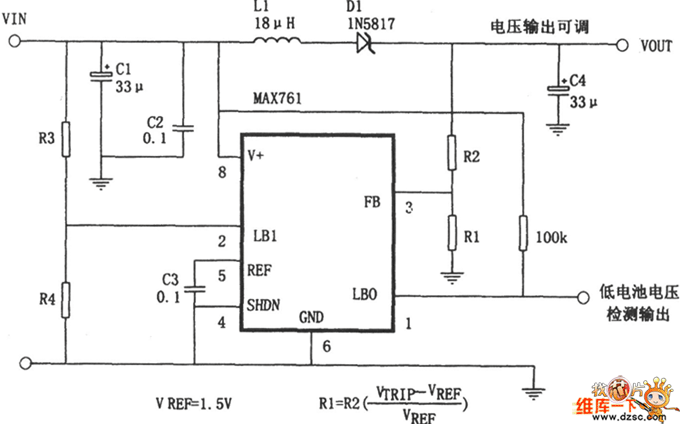 MAX761构成的可调输出升压电源电路图