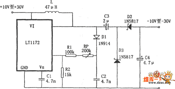 LT1172构成的极性反转型升压电源电路图
