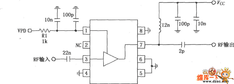 RF2347构成的880MHz低噪声放大器应用电路图
