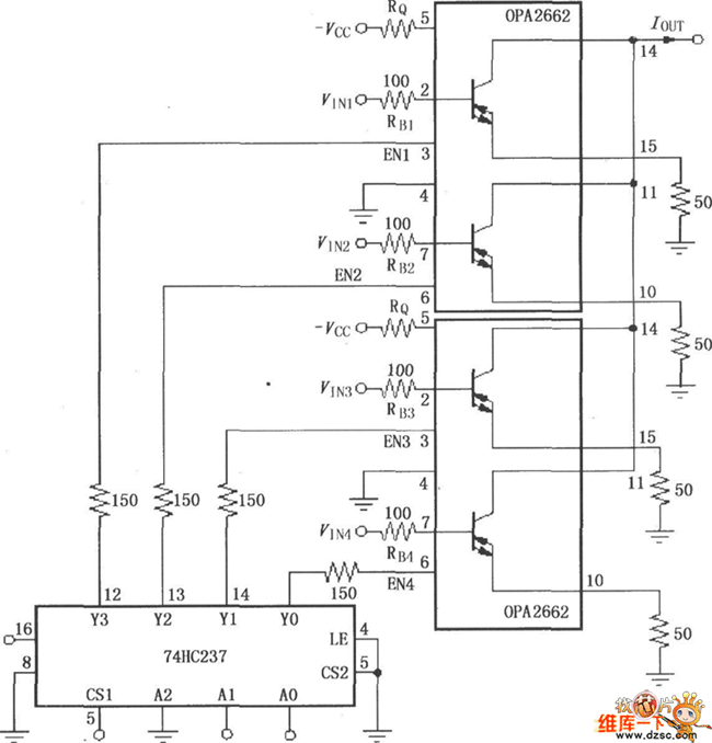 由双宽带跨导型运算放大器OPA2662构成的电流分配多路复用电路图