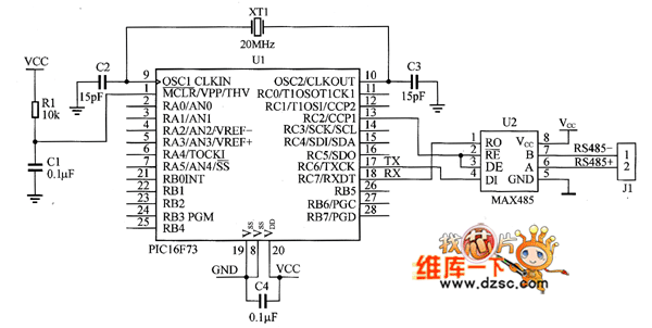 PIC16F73与MAX485接口的电路原理图如图