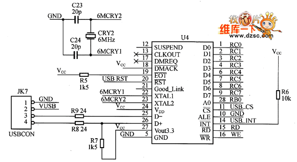 PDIUSBD12与PlCl6F877单片机的接口原理电路图