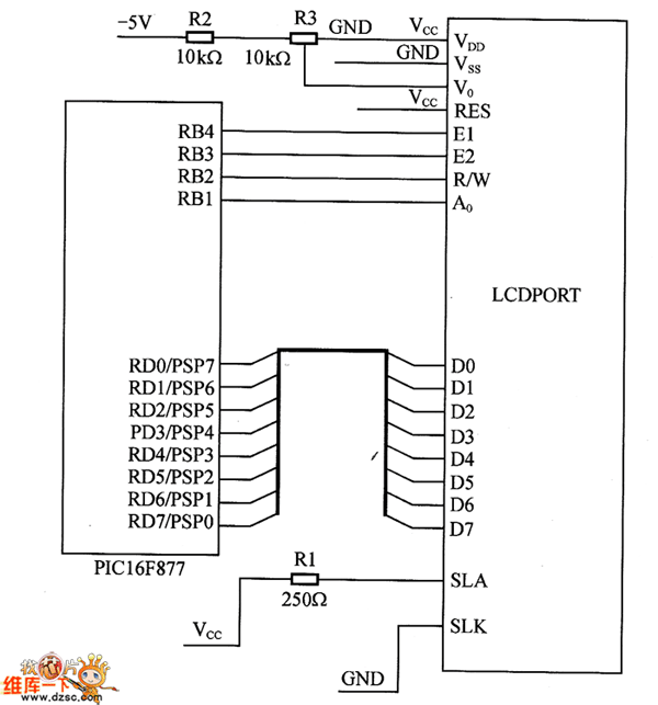 PIC16F877与MG-12232模块的接口电路图