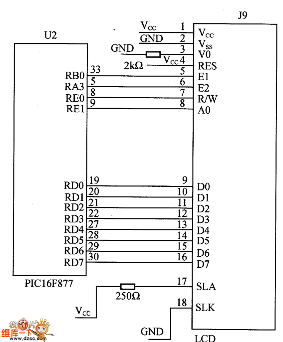 液晶与PIC16F877的接口电路图