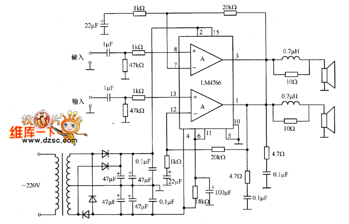 LM4766双声道大功率集成功放电路图
