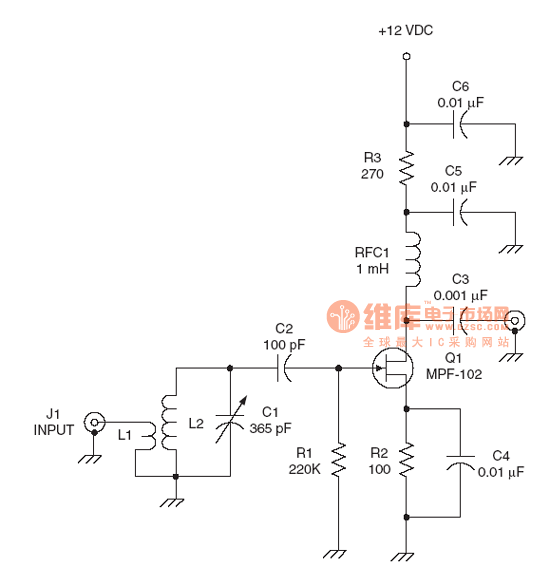 射频Amplier电路：JFET RF amplifier circuit