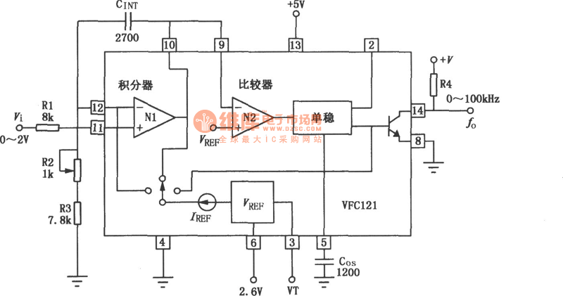 VFC121V／F变换器用于测温系统的应用电路图