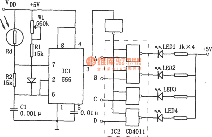 555构成的亮度显示电路图