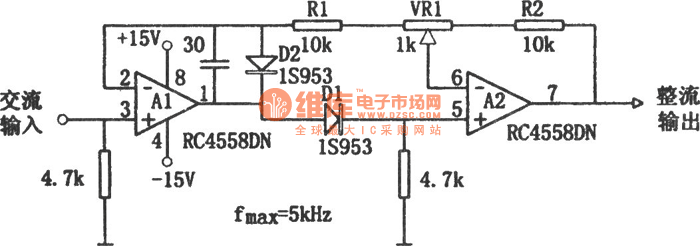 调节简单的高输入阻抗双波线性检波电路图(RC4558DN)