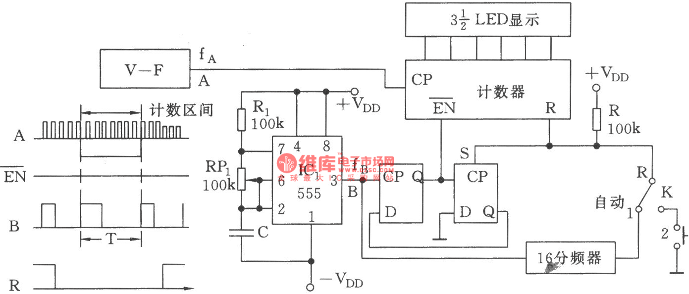 555构成的电压／频率变换器的计数显示电路图