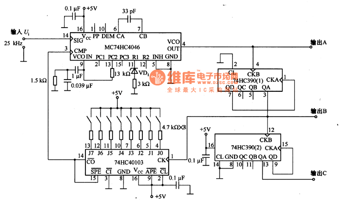 由MC74HC4046等构成的时钟合成器电路图