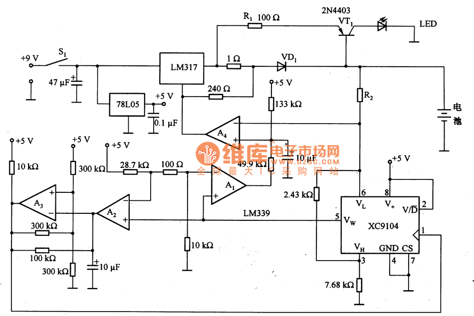 由数字电位器XC9104等构成的电池快速充电器电路图