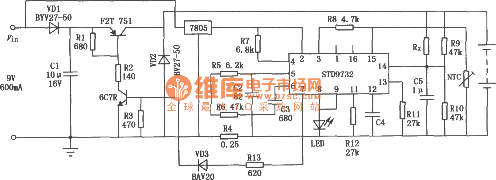 STD9732构成的简易充电器电路图