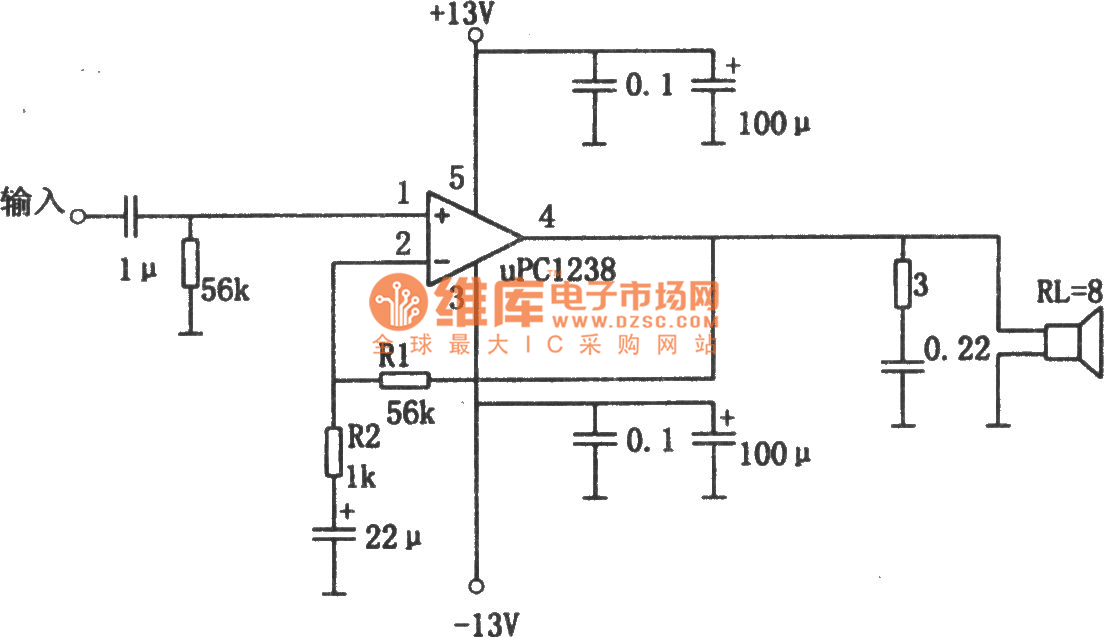 μPC1238构成的1OW音频功率放大器电路图