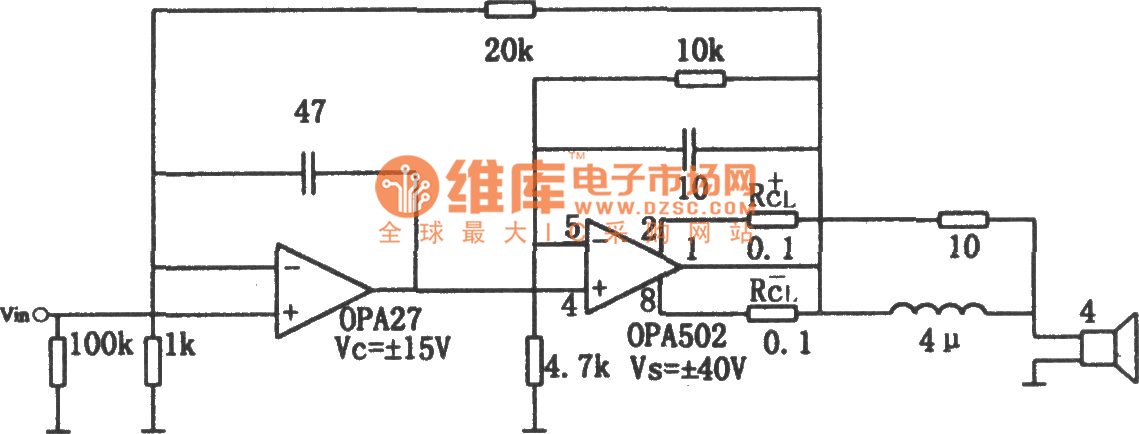 OPA502构成的高保真组合音响放大器电路图