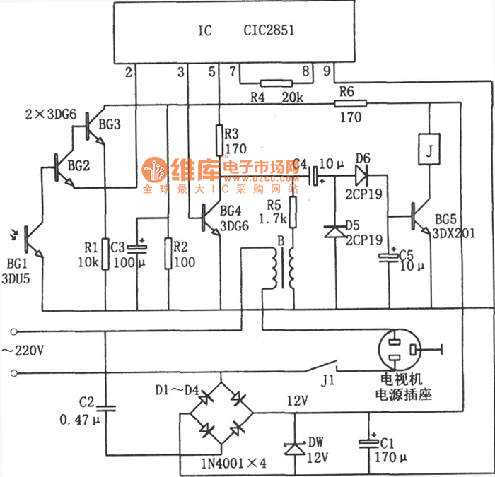 电视机节电遥控关机电路(CIC2851)电路