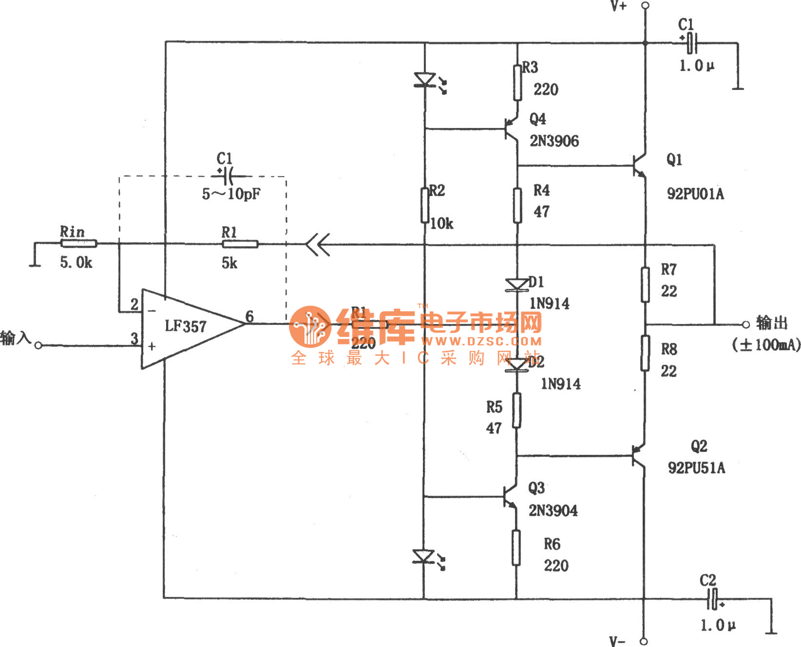 ±100mA输出电流缓冲器(LF357)电路图