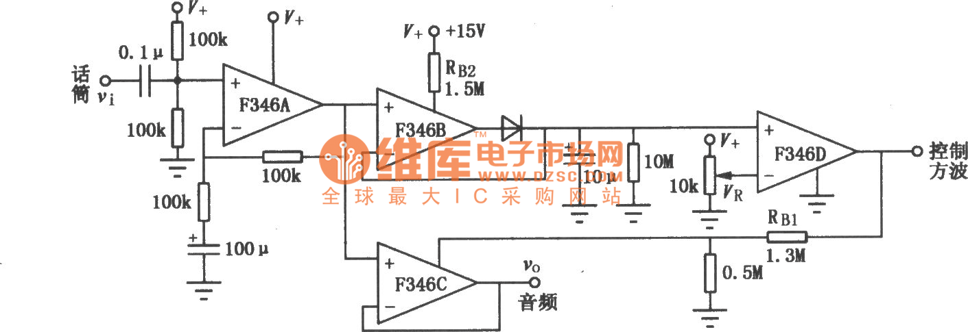 F346构成的程控运放音频启动开关放大电路图