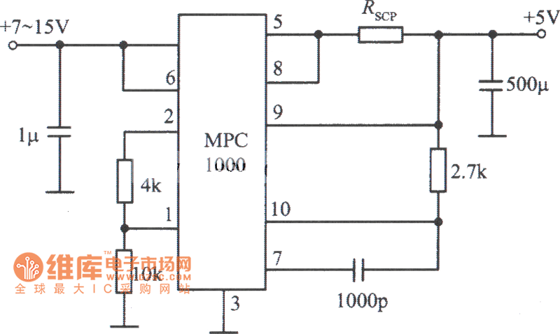 MPC1000集成稳压器构成的5V、３A稳压电源电路图