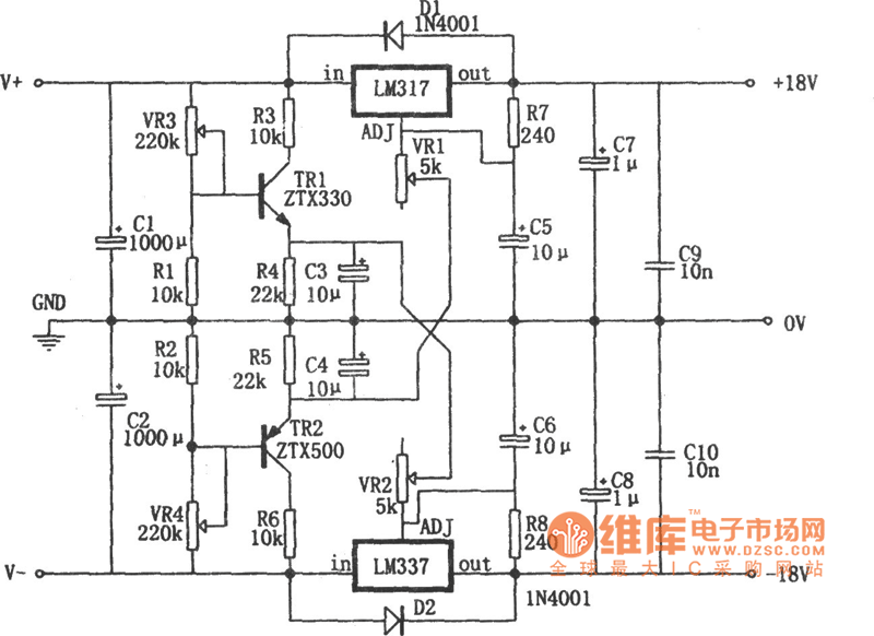 LM317构成的0～±30V、1.5A电源电路图