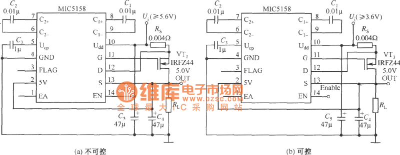 MIC5158构成的固定5V输出的线性稳压器电路图 