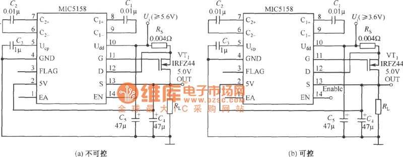 MIC5158构成的固定5V输出的线性稳压器电路图