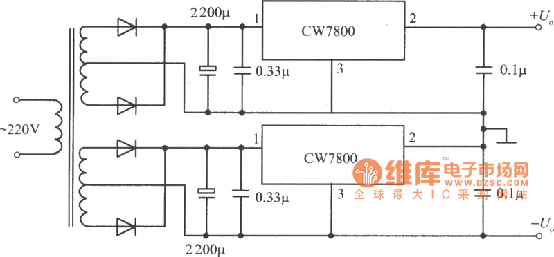 CW7800构成的正、负电压同时输出的集成稳压电源电路图 