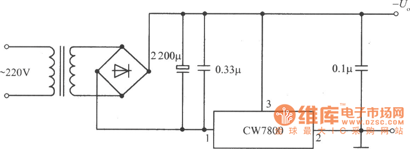 CW7800构成的固定负输出电压的集成稳压电源电路图