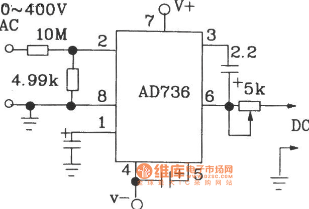 由AD536组成AC／DC转换器电路图
