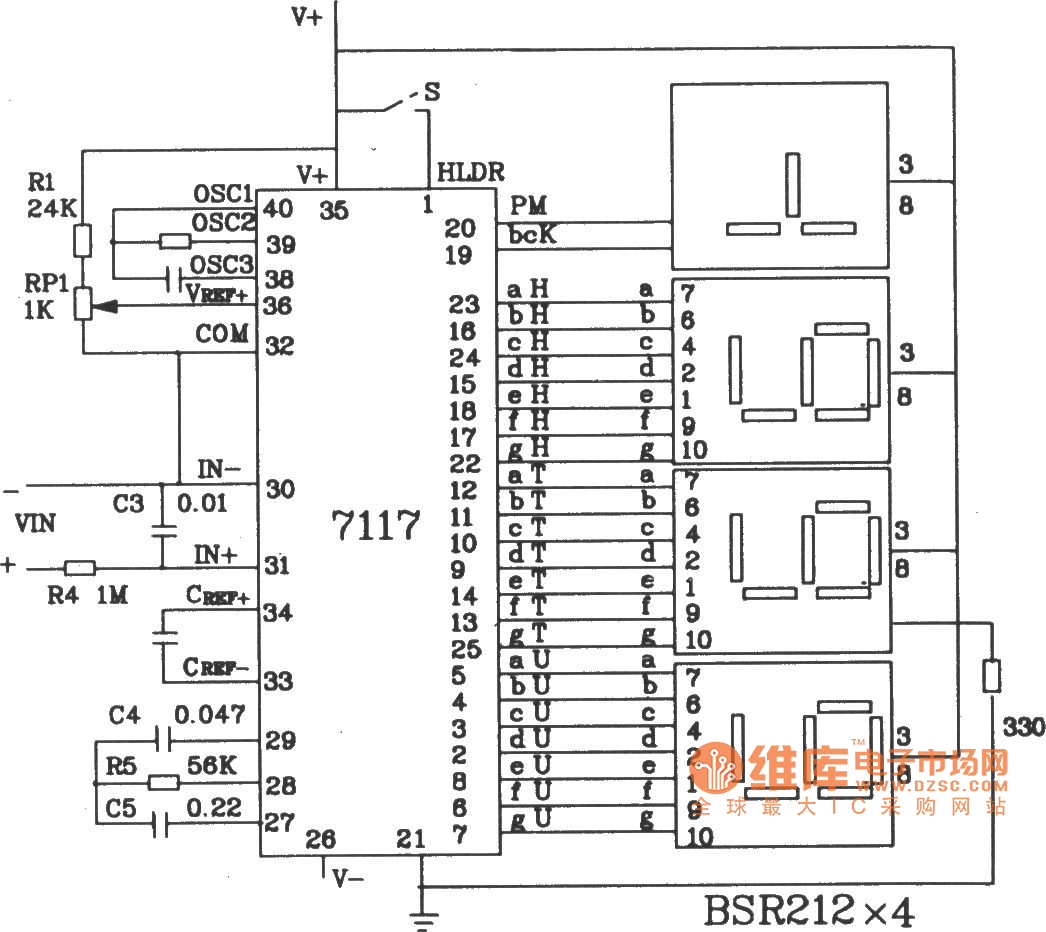 由3 1/2双积分式A／D转换器ICL7117组成的数字电压表电路图