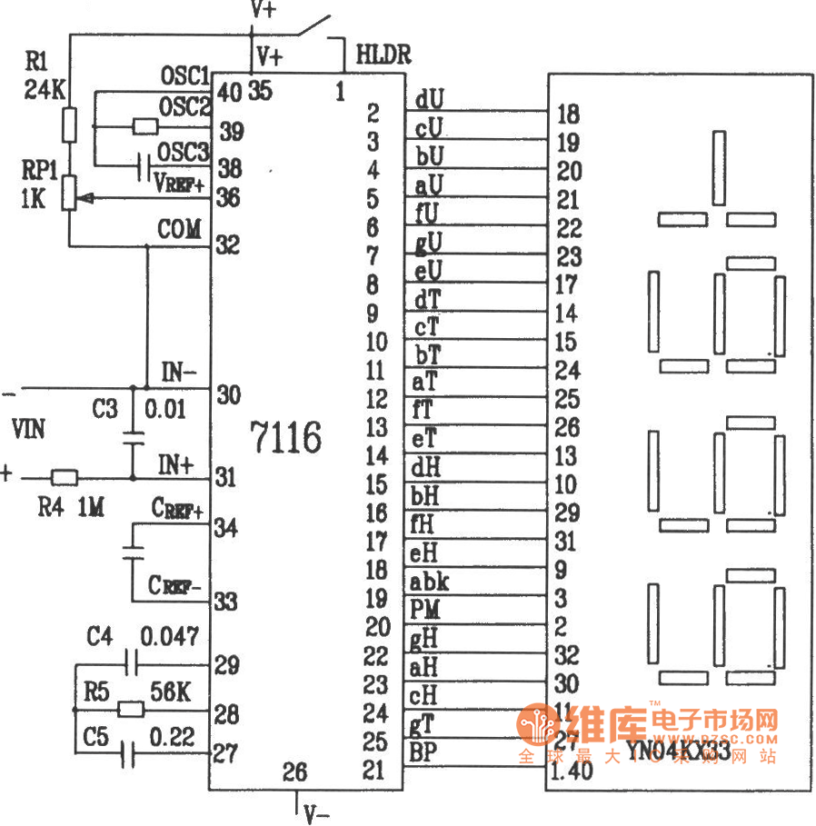 由3 1/2位双积分式A/D转换器ICL7116组成的数字电压表电路图