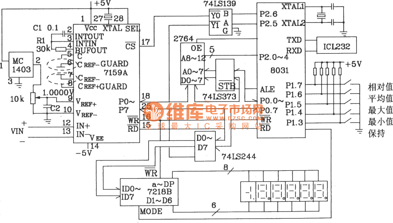 由带微处理器的5 1/2位双积分式A/D转换器HI7159A构成的智能化数字电压表电路图