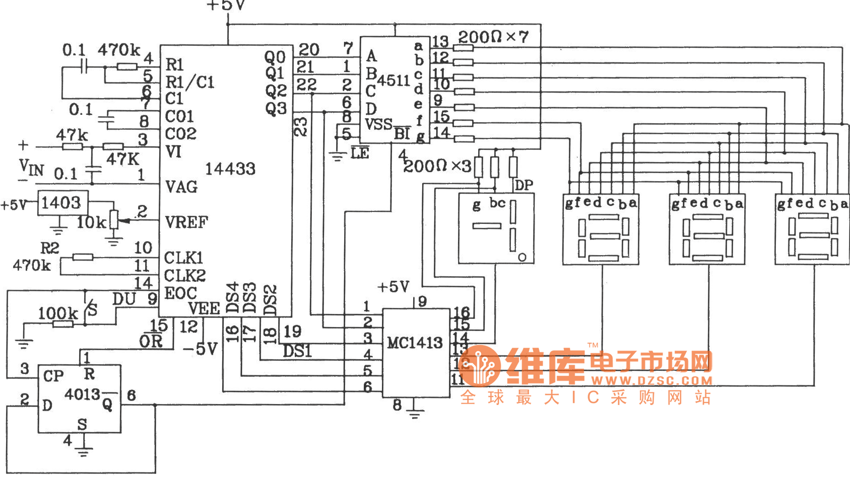由3 1/2位双积分式A/D转换器MC14433构成的数字电压表电路图