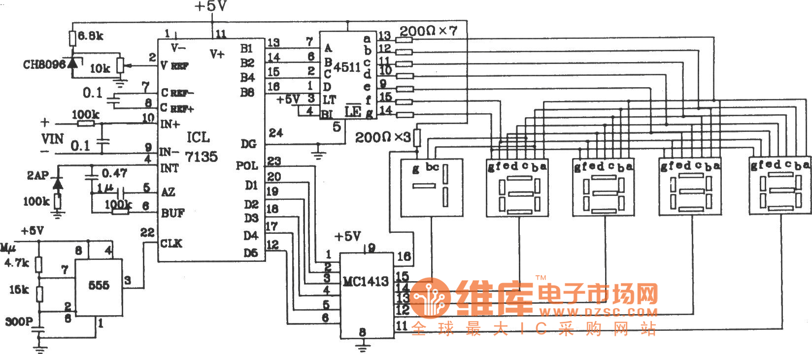 由4 1/2位双积分A/D 转换器ICL7135构成的4 1/2位数字电压表电路图