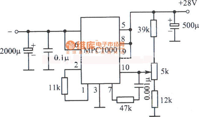 MPC1000构成的28V、10A稳压电源电路图