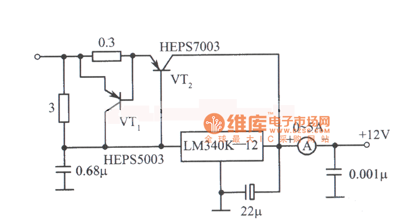 LM340T集成稳压器构成的5V、5A稳压电源电路图