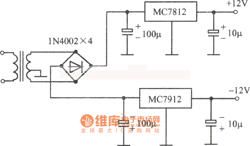MC7812(正压)MC7912MC（负压）构成的的±12V稳压电源电路图