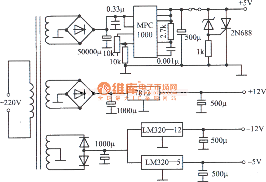 MPC1000,LM320构成的计算机用±5V和±l2V稳压电源电路图