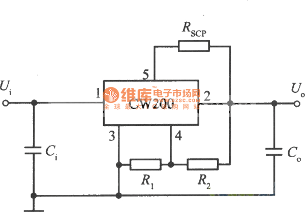 ５端可调输出电压集成稳压器CW200的标准应用电路图